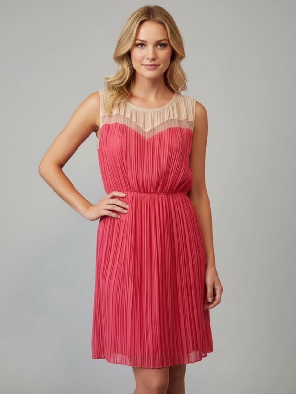 Sleeveless Pink Pleated Chiffon Dress with Sheer Yoke